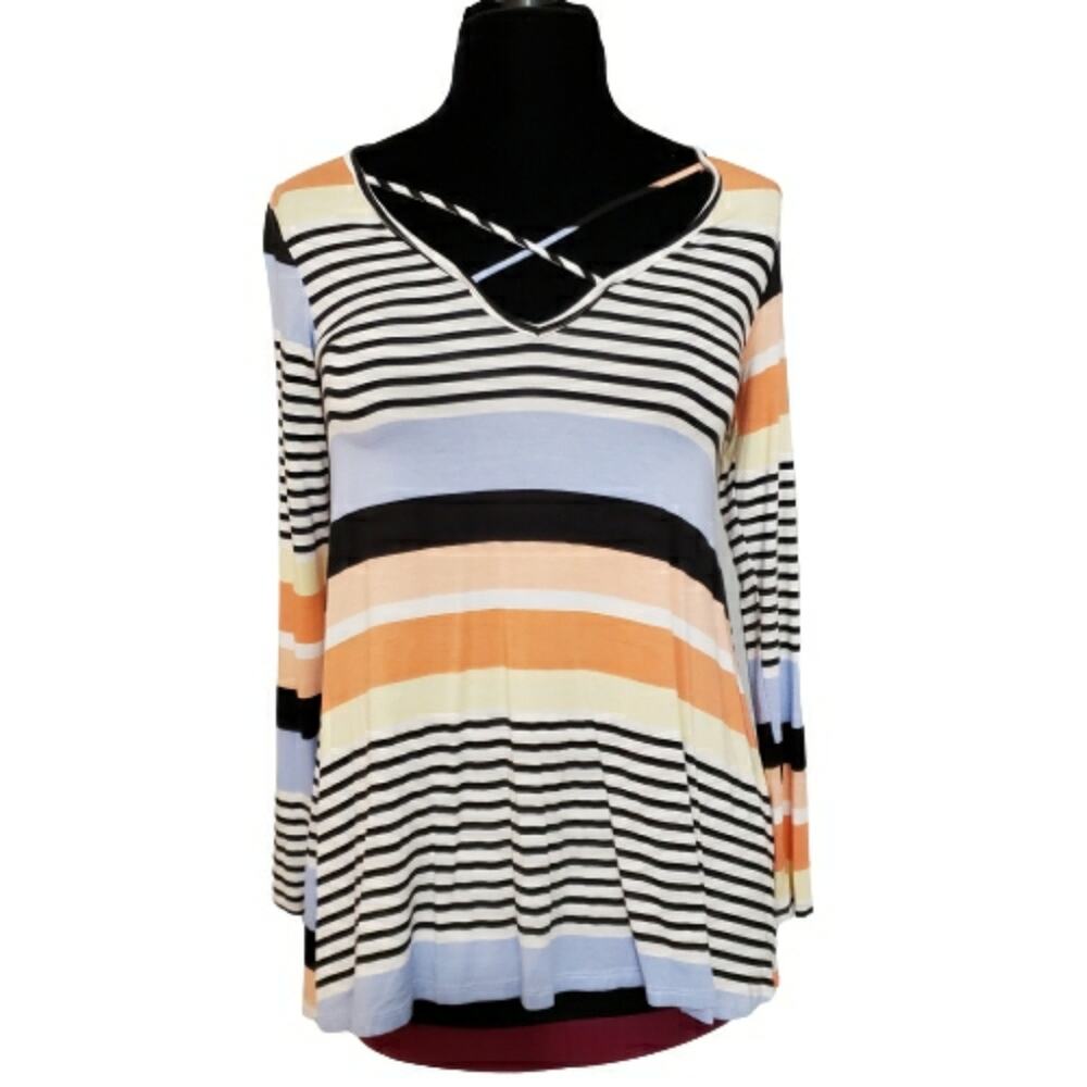 Striped V Neck Criss Cross Tunic Blouse Small Jersey Knit Color Block
